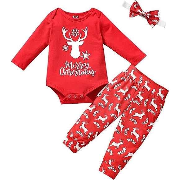 Christmas Reindeer Outfit 3pc set Sizes 0-3m, 3-6m, 6-12m - Picture 1 of 6